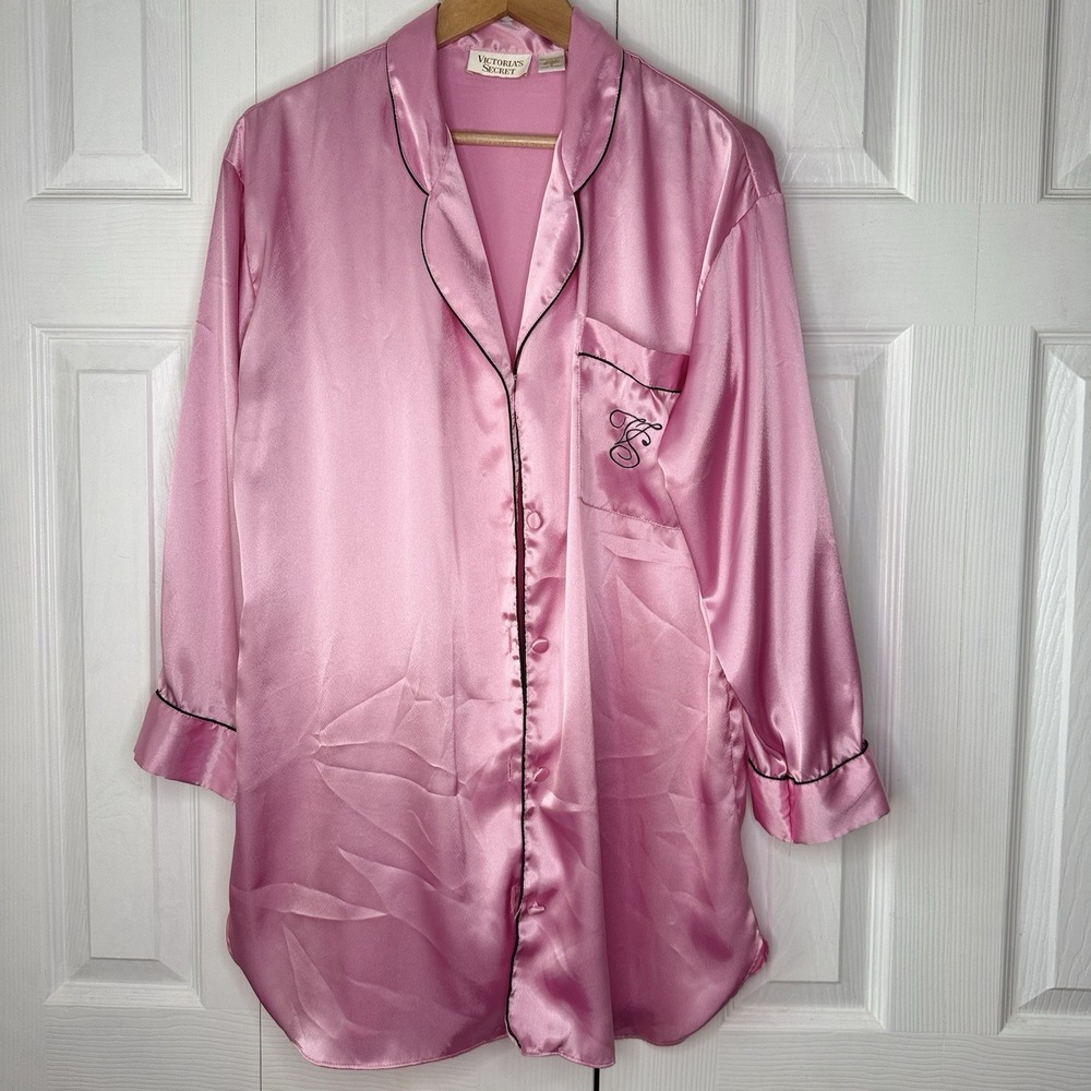 Vtg Victoria's Secret Gold Label Pink Satin Nightshirt Sleep Shirt Pajamas S